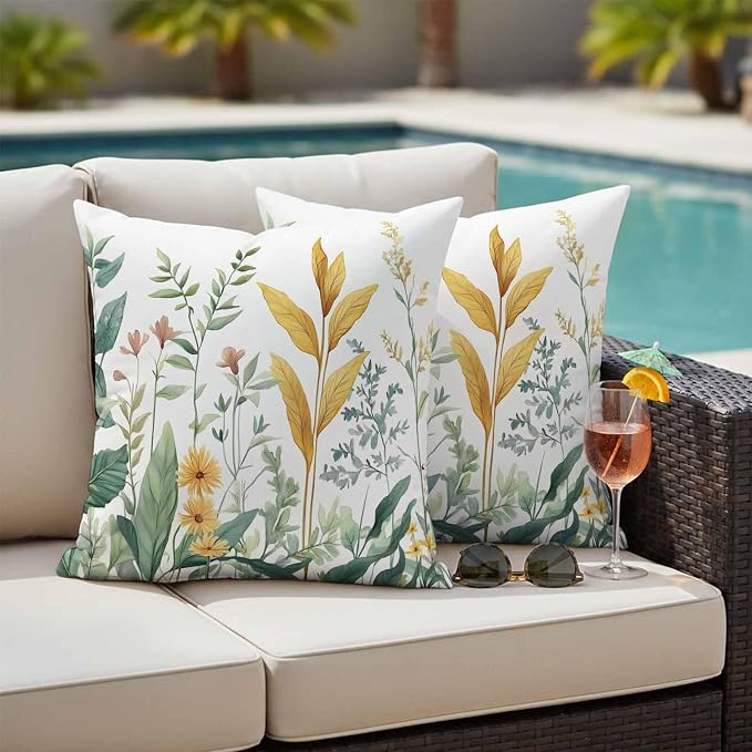 Outdoor Pillow Covers 18x18 Set of 2, Yellow Green Botanical Waterproof Patio Throw Pillow Covers for Couch Sofa Chair, Rustic Watercolor Leaves Decorative Pillowcases for Throw Pillows
