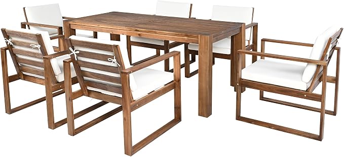 7 Piece Patio Dining Table Set with Umbrella Hole, Outdoor Acacia Wood Furniture Set with Removable Cushion for Garden, Backyard, Lawn, Poolside (Beige,Mocha)