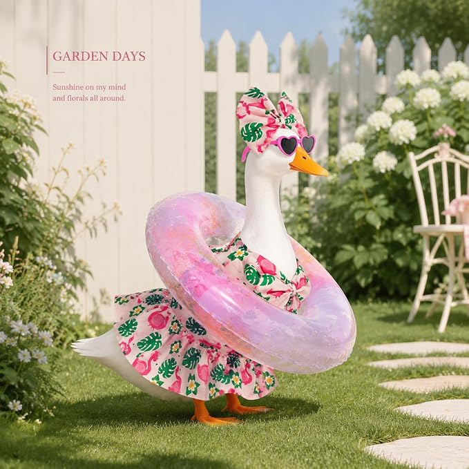 Flamingo Tropical Lawn Goose Outfit Set, Floral Bikini Costume with Gradient Glitter Swim Ring Heart Sunglasses Bow Headband, 23 Inch Porch Goose costume, Summer Outdoor Garden Yard Decor
