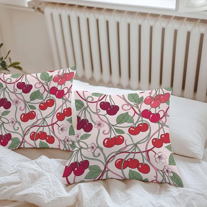 Red Cherry Outdoor Pillow Covers 24"x24" Set of 2, Vintage Red Cherry Pink Floral Vines Pink Waterproof Throw Pillow Covers for Patio Furniture, Decorative Cushion Covers for Porch