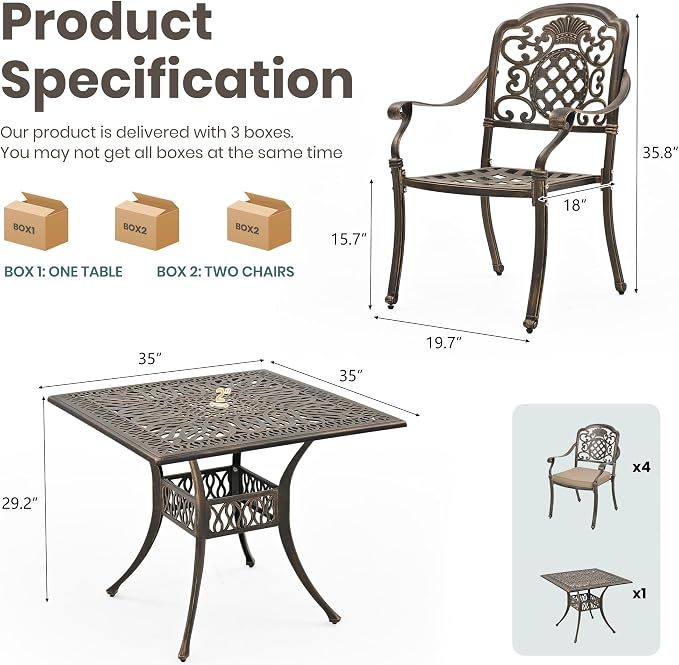 Pamapic 5-Piece Patio Table and Chair Set, Cast Aluminum Dining Set with Vintage Table Top, Outdoor Furniture Set with 4 Outdoor Stackable Chairs for Patio, Garden, Poolside (with 4 Cushion,Bronze)
