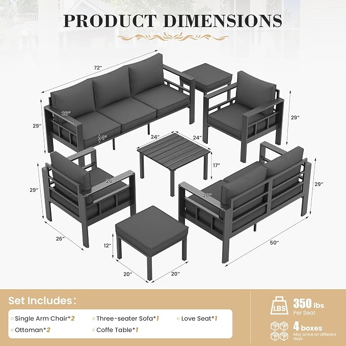 UDPATIO Aluminum Patio Furniture Set with 2 Ottomans, 7 Pieces All-Weather & UV-Resistant Outdoor Furniture for Deck, Backyard, Poolside, Dark Gray