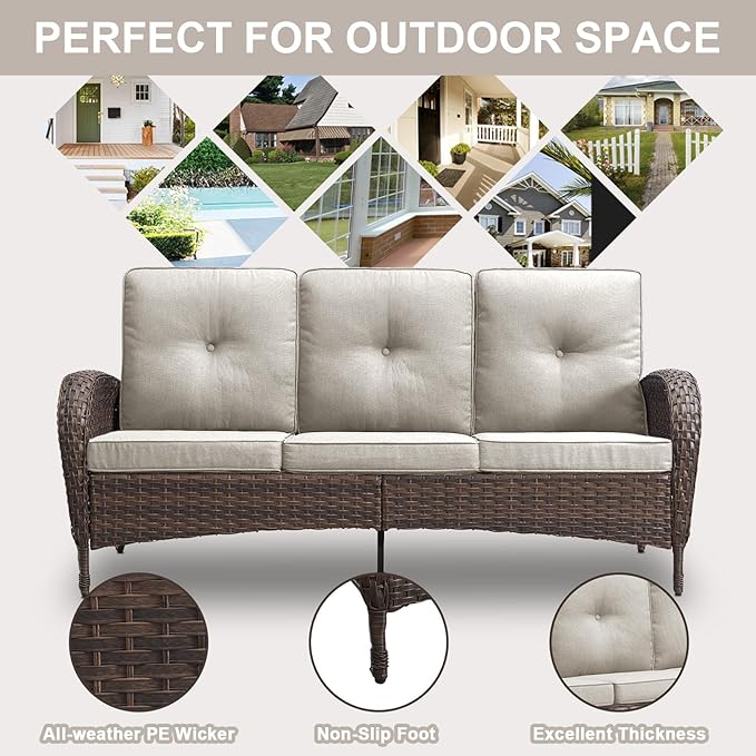 Belord 6 Piece Patio Conversation Sets - Wicker Patio Furniture Sets with Outdoor Swivel Rocker Chairs Outdoor Couch Perfect for Deck Patio Backyard, Brown Wicker Beige Cushion