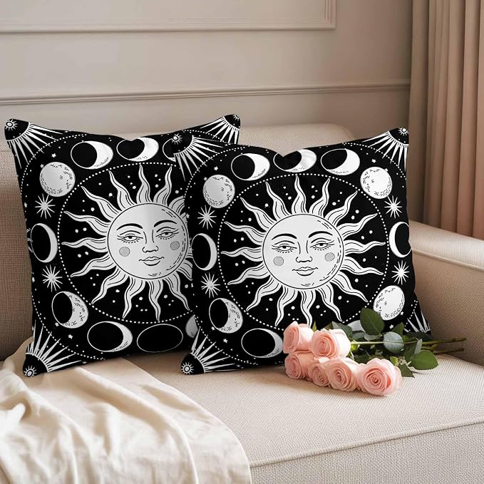 Celestial Sun and Moon Waterproof Outdoor Pillow Covers Set of 2 Home Decor, Black Starry Galaxy Boho Pillowcase Patio Pillow Covers for Couch Bench Patio Furniture Garden 18x18in