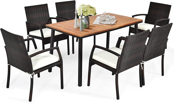 Tangkula 7 Pieces Outdoor Dining Set, Steel Frame Patio Dining Table Set w/ 6 Rattan Armrest Chairs, Modern Conversation Set w/Acacia Wood Top & Umbrella Hole for Backyard Garden Poolside