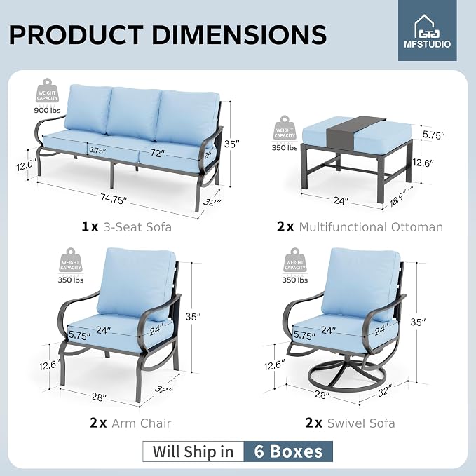 MFSTUDIO 7 Pieces Metal Patio Furniture Sets, 2 Swivel Chairs, 3-Seat Deep Seating Sofa, 2 Single Couch and 2 Ottoman, All Weather 9 Seats Outdoor Conversation Set for Garden Backyard, Blue Cushion