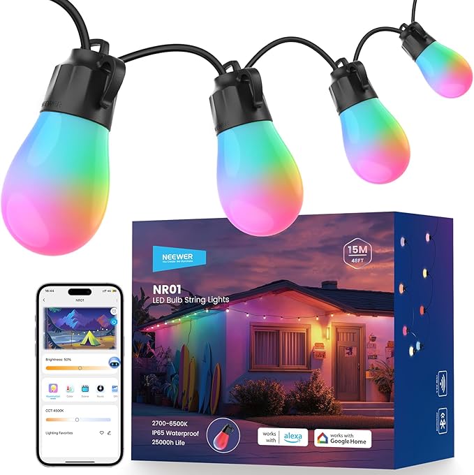 NEEWER 48ft Outdoor String Lights, App Control Smart AI RGB IC W Hanging Outside Patio Balcony Backyard Holiday Lighting, IP65 Waterproof, 15 LED Bulbs, 50+ Scenes, Compatible with Alexa Google, NR01