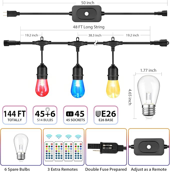 Mlambert Multicolor 144FT(3x48FT) LED Patio String Light with Remote, Black | Plug in, 8 Lighting Modes, 45+6 S14 RGB Edison Bulbs, Dimmable, Shatterproof, Waterproof, Connectable, for Bistro Balcony