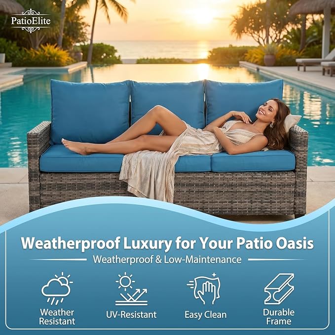 LAUSAINT HOME 3 Pieces Outdoor Patio Furniture, Outdoor Sectional Sofa Patio Furniture Sets Wicker Rattan Patio Conversation Sets with Cushion and Glass Table (Peacock Blue)