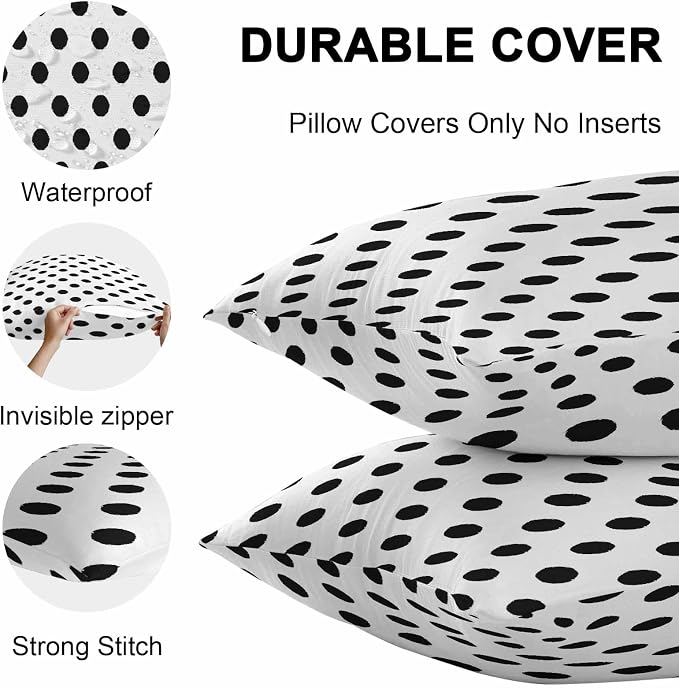 Outdoor Waterproof Throw Pillow Covers Set of 2 Black White Polka Dots Lumbar Pillowcases 20x12 Inches Cute Solid Color Decorative Pillows Cushion Case Patio Pillows for Couch Bed Chair Garden