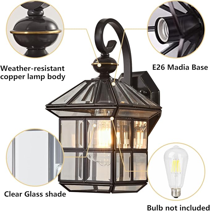 Milaii Copper Bronze Outdoor Wall Lights, 13.4" H Vintage Exterior Lantern Light Fixture Anti-Rust Waterproof Wall Mount Lamp with Clear Glass E26 Porch Light for Garage Front Porch Entryway Patio
