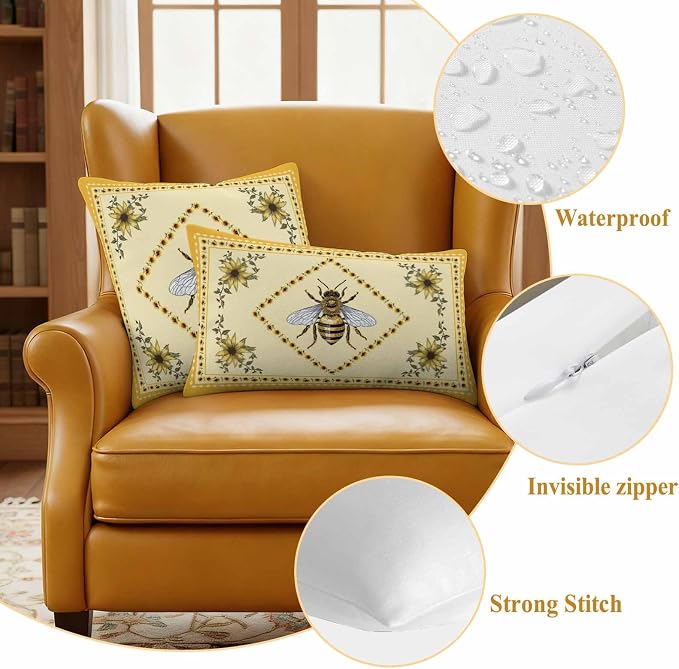 Sunflowers and Bee Outdoor Pillow Covers Set of 2, Farmhouse Retro Floral Decorative Waterproof Throw Pillow Case, Animal Honeybee Cushion Pillowcases for Couch Garden Patio 20x20In