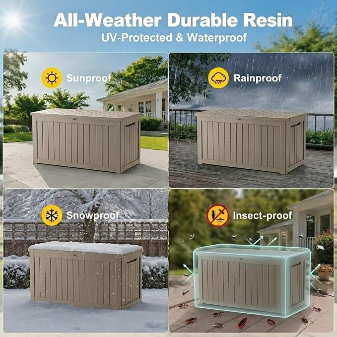 150 Gallon Outdoor Storage Box Resin Deck Box All Weather Waterproof Large Lockable Storage Container Deck Box for Patio Furniture, Garden Tools, Lockable, Grey