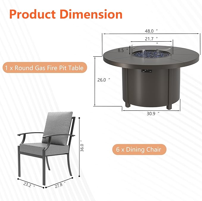 7 Pieces Outdoor Patio Furniture Set with 48" Round Propane Fire Pit Table,Patio Dining Set Outdoor Conversation Sets 6 Chairs for Deck,Backyard and Garden,Grey