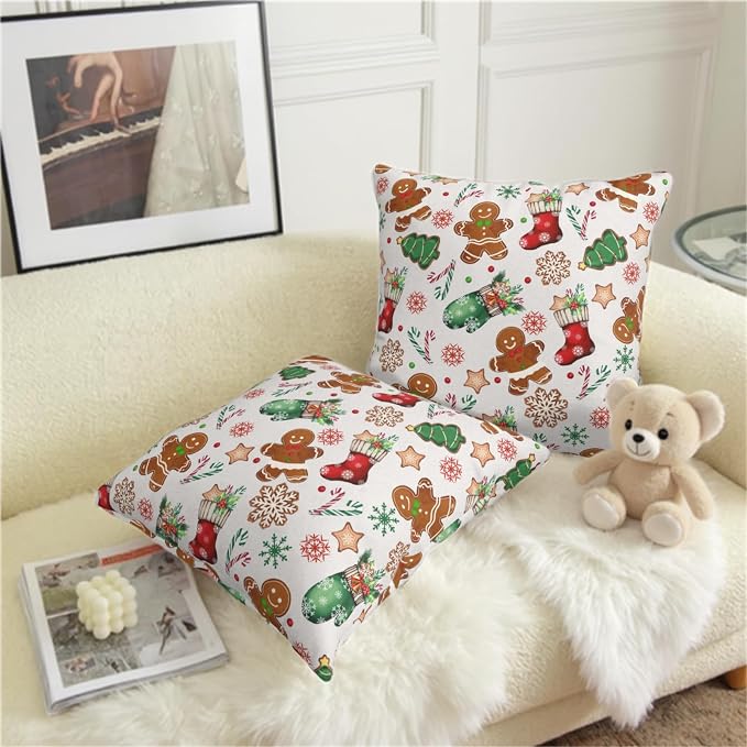 Christmas Pillow Covers 24x24 Set of 2 Gingerbread Man Throw Pillow Covers Xmas Tree Socks Gloves Snowflakes Pillow Case for Holiday Decor Couch Sofa