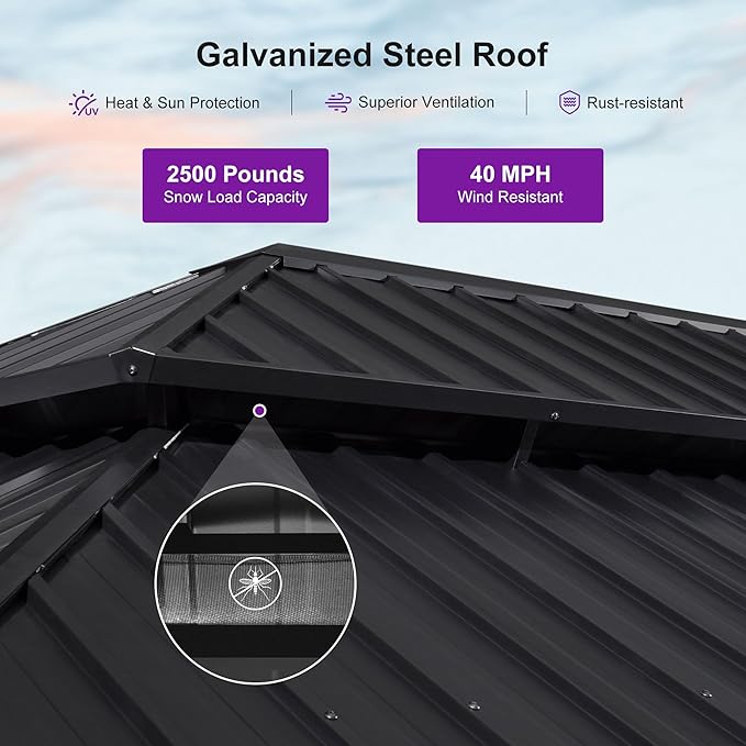 PURPLE LEAF 14' X 20' Outdoor Hardtop Gazebo for Patio Galvanized Steel Double Roof Permanent Canopy Teak Finish Coated Aluminum Frame Pavilion Gazebo with Netting