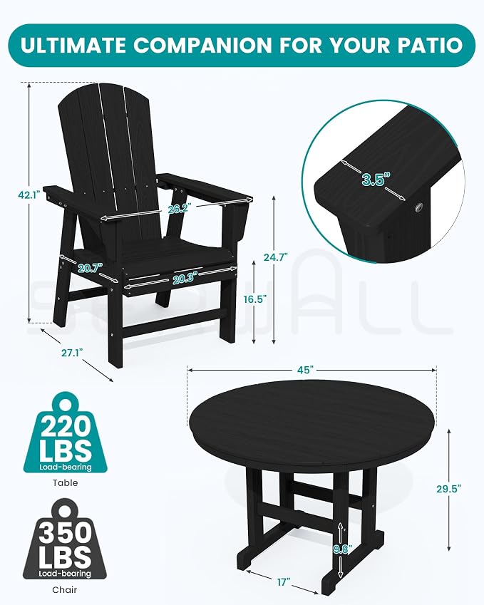 SERWALL 5 Piece Outdoor Dining Set, HDPE Dining Furniture Set with Umbrella Hole, 4 Adirondack Dining Chairs and 45" Round Dining Table, Black