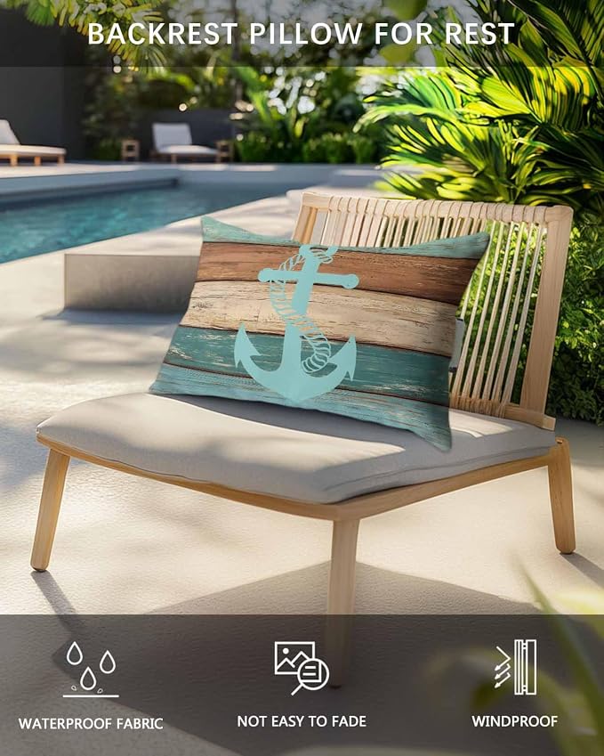 Pack of 2 Outdoor Lumbar Cushions with Inserts, Retro Gradient Anchor Farm Wood Grain Waterproof Fluffy Fade Body Pillows, Patio Furniture Pillow for Home Balcony Garden Decor 11x16IN