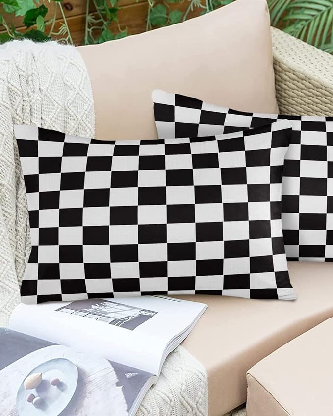 Lumbar Pillow Covers 20x12 Inch Set of 2, Simple Black White Checkered Waterproof Outdoor Cushion Covers, Lattice Buffalo Plaid Decorative Pillowcases for Couch, Sofa, Bed, Garden, Patio
