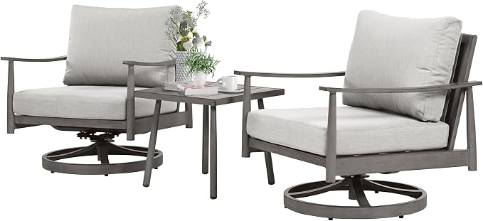 HAPPATIO Patio Conversation Set 3 Pieces, Patio Aluminum Conversation Furniture Set, 2 Swivel Chairs with Backrest Rope Design and 1 Side Table for Garden, Pool, and Lawn (Grey)