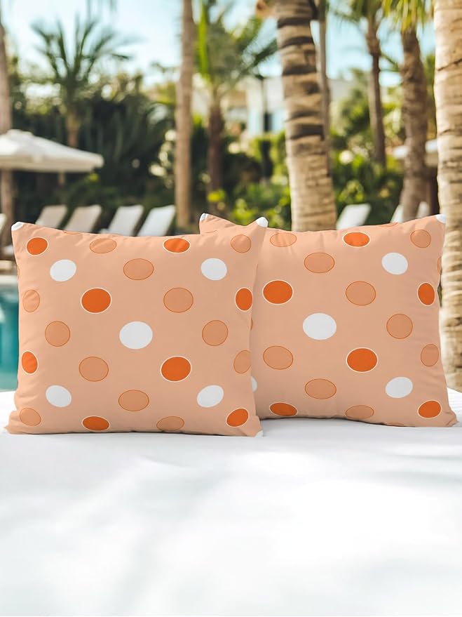 Waterproof Outdoor Pillow Set of 2 Orange Polka Dots Decorative Throw Pillows Cover & Insert 18x18 Inch Pillowcase Funny Circles Spots Square Pillows for Couch Sofa Bed Patio Furniture Indoor Outdoor