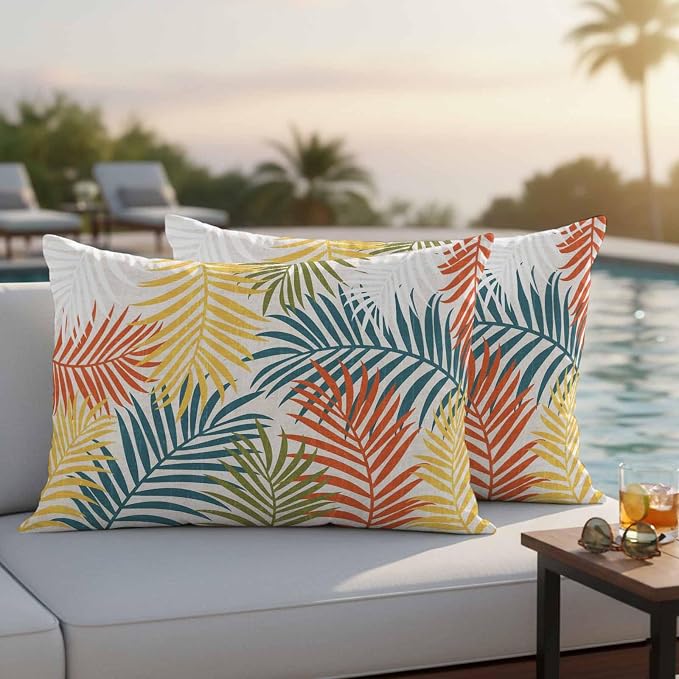 Outdoor Waterproof Throw Pillow Covers, Orange Green Yellow Palm Leaves Decorative Pillow Cases, Summer Botanical Tropical Leaf Couch Pillow Protector Patio Sofa Cushion Covers 20"x12" 2 Pack