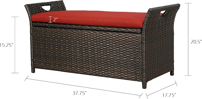 40 Gallon Outdoor Storage Bench Rattan Deck Box Patio Steel Frame Wicker Storage Container with Cushion, Red NPT-900004