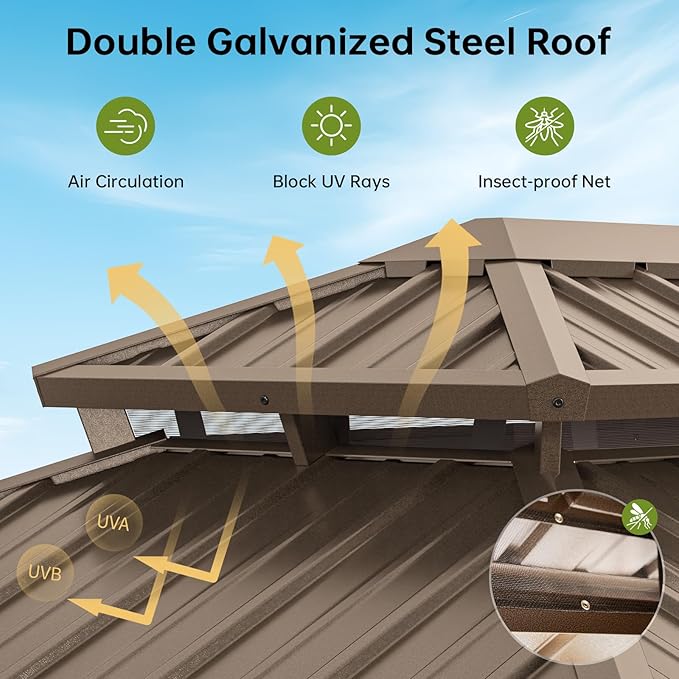 12x16FT Hardtop Gazebo with 72FT Solar String Lights, Metal Frame with Double Galvanized Steel Roof, Permanent Outdoor Pergola for Backyard, Patio, Lawn and Garden, Brown