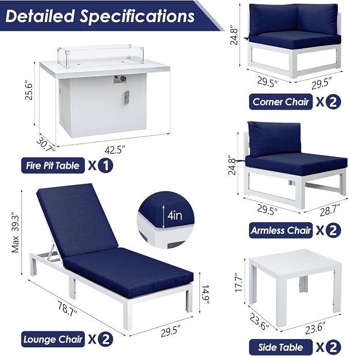 RADIATA 9 Pcs Oversized Contemporary Aluminum Patio Furniture Set, All Weather Modular Sectional Sofa with Tanning Chair & Fireplace, 500 lbs Heavy Duty Comfy Outdoor Couch for Beach Deck, Navy Blue