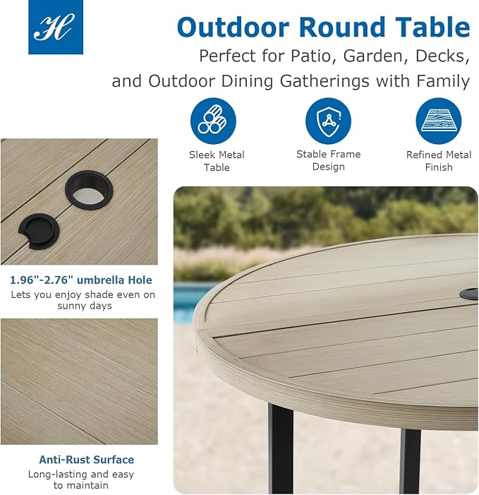 5 Piece Patio Dining Set for 4, 42” Honey Oak Round Table with Umbrella Hole and 4 Grey Patio Stackable Chairs, Patio Table and Chairs for Backyard, Lawn, Deck & Garden