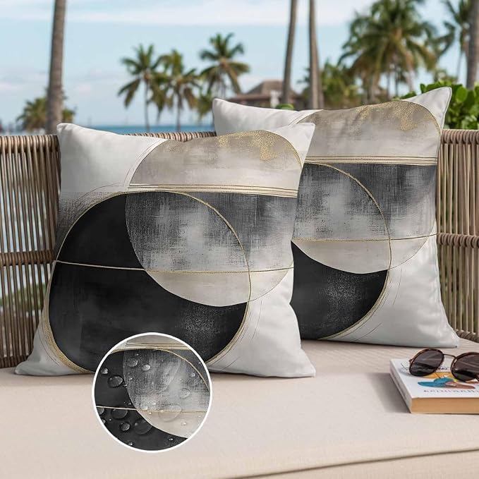 Abstract Art Outdoor Waterproof Throw Pillow Covers Set of 2, 18"x18", Mottled Geometric Moon Black Gold Circle Striped Decorative Pillow Covers Outside Cushion Case for Patio Porch Garden