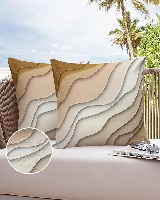 Outdoor Waterproof Pillow Covers for Patio Furniture Brown Modern Geometric Decorative Throw Pillow Cover Abstract Beach Wave Pillowcases Set of 2 Cushion Case for Sofa Couch 24 x 24 Inches