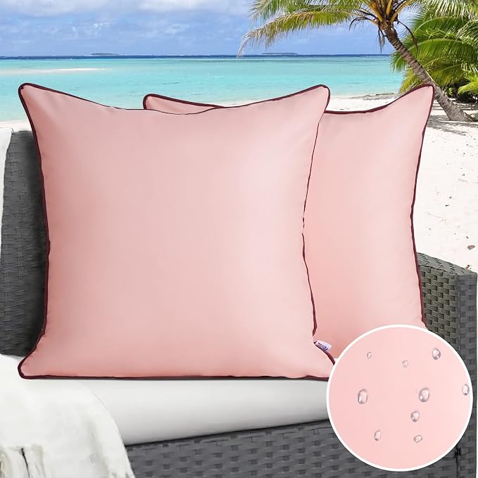 Set of 2 Outdoor Waterproof Pillow Covers Fade and UV Resistant Silicone Leather Square Cushion Cases Durability Pillowcases for Garden Patio Porch Couch, Pink, 24x24 Inch