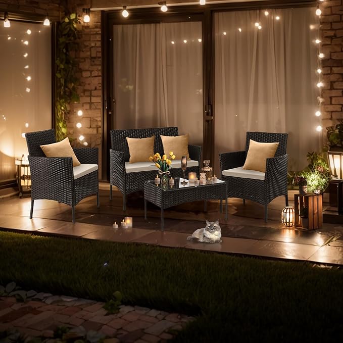 Outvita 4 Pieces Patio Furniture Set, Rattan Conversation Sets with Loveseat Soft Cushion and Glass Table for Garden Backyard Balcony Porch Poolside(Black)