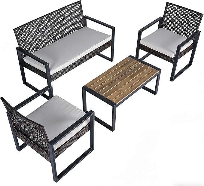 COOS BAY Haven Lounge 4 Piece Rattan Patio Furniture Set, Outdoor Wicker Patio Conversation Set for Balcony & Backyard, Dark Brown/Beige