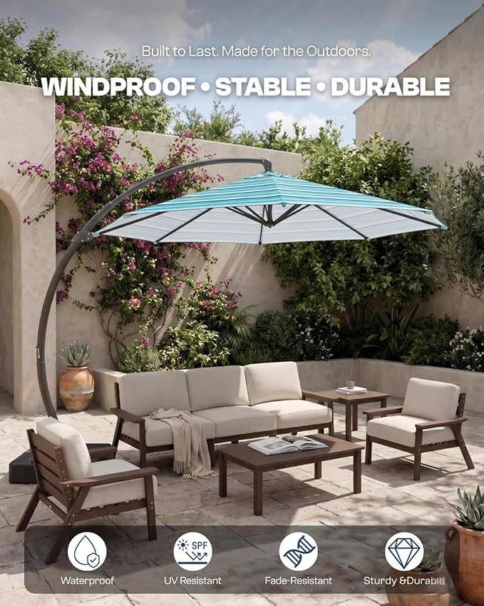 12 FT Cantilever Umbrella with Base Included, Large Round 360° Rotation Offset Umbrella Outdoor Patio, Heavy Duty Aluminum Frame, Sand-Weighted Stand, for Deck, Backyard, Pool, Garden (Blue and green stripes)
