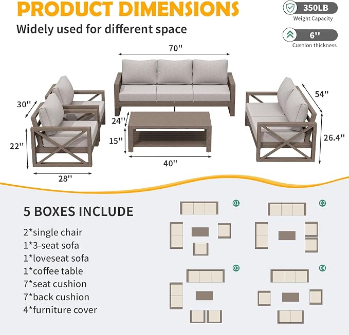 Amopatio Aluminum Patio Furniture Set, 8 Pieces Modern Metal Outdoor Furniture, Faux Wood Grain Finish Frame Patio Sofa Sets with 6" Cushion for Backyard, Beige (Included Waterproof Covers)