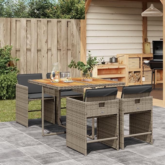 5-Piece Patio Dining Set with Gray PE Rattan Furniture, Acacia Wood Table and Removable Cushions for Outdoor Garden Backyard Balcony