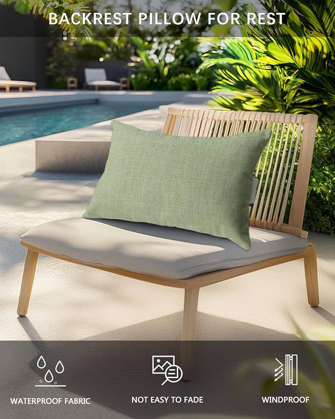 4 Pack 11x16 Chaise Lounge Outdoor Pillows Covers Waterproof, Pastoral Vintage Farmhouse Adjustable Headrest Pillowcase, Sage Green Linen Bottom Decorative Neck Pillow for Recliner Office Chair