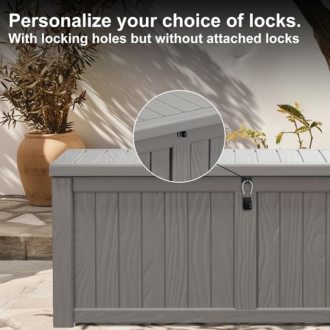 Vixzen 121 Gallon Resin Deck Box, Lockable Outdoor Storage Box for Patio Cushions Storage Furniture,Garden Tools, Pool Supplies, Weatherproof and UV Resistant- Grey
