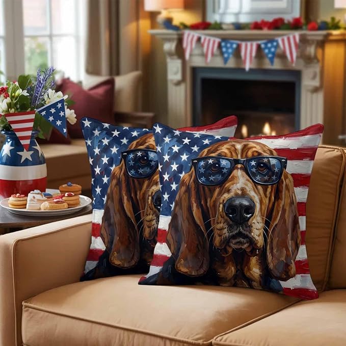 Outdoor Pillow Covers Waterproof Pillow Cases Protector Independence Day USA Flag Pillowcase Pack of 2 Basset Hound Patriotic Sunglasses Throw Cushion Case for Pation Furniture,Couch,Sofa,16X16IN