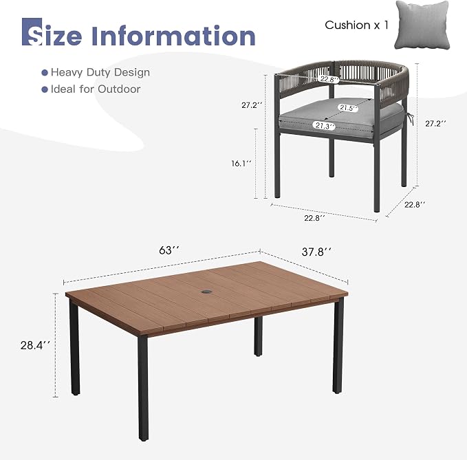 VICLLAX Patio Dining Set, 63" Walnut Table & 6 Chairs with Grey Cushion | Outdoor Table and Chairs Set of Rectangular Metal Patio Table, Outdoor Dining Chairs with Metal Frame, Garden Deck Porch