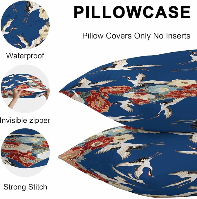 Japanese Style Outdoor Pillow Covers 20x12 Inch Lumbar Pillow Covers Set of 2 Waterproof Decorative Throw Pillow Cases Blue Rustic Botanical Blossom Peony Birds Cushion Covers for Patio Furniture
