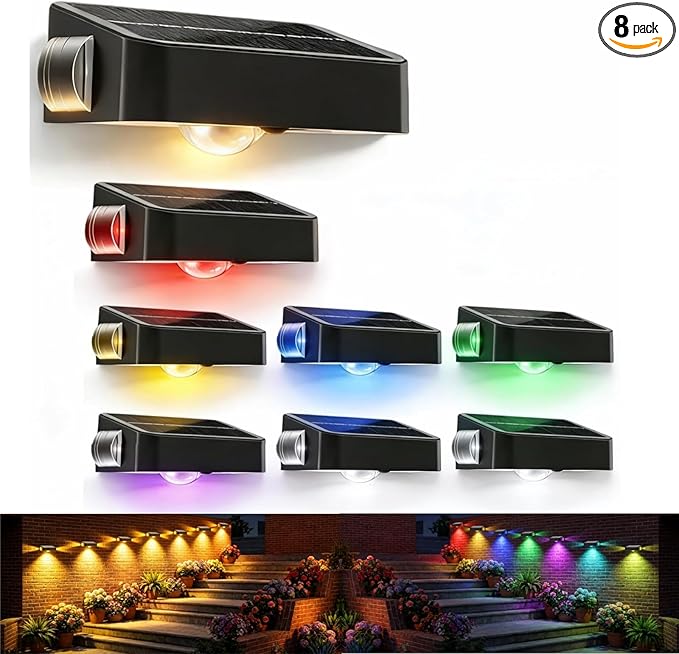 BUNEE Waterproof Solar Fence Lights Outdoor 8 Pack 12 RGB Color Changing Mode Decorative LED 3-Sided Solar Powered Landscape Wall Lighting, Decor for Outside Patio Step Backyard Deck Railing Pool