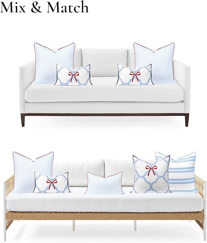 Hofdeco Premium Coastal Hampton Patio Indoor Outdoor Throw Pillow Cover Only, 20"x20" Water Repellent for Backyard, Couch, Poolside, Baby Blue Red Print Stripes