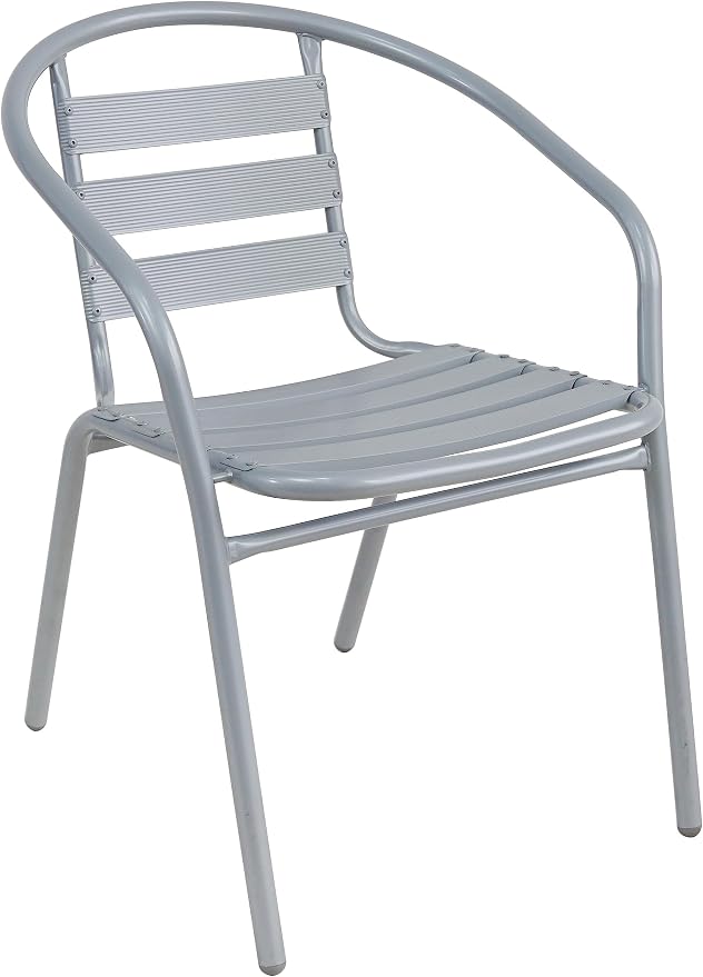 BTEXPERT Gray Indoor Outdoor Restaurant Stainless Steel Silver Aluminum + 2 Metal Slat Stack Commercial Lightweight, 2 Chairs with a 27.5" Round Table