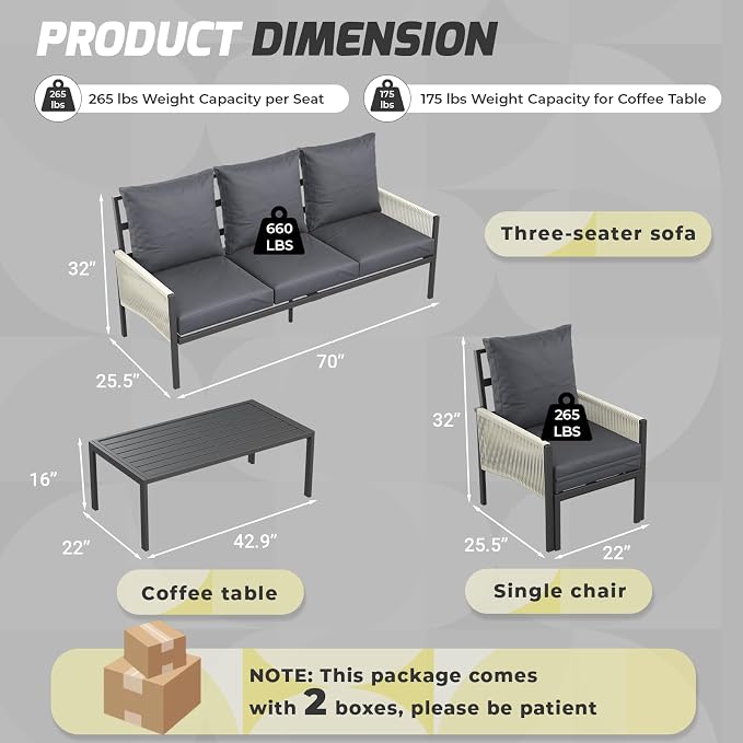 AECOJOY Aluminum Patio Furniture Set 5 Seats Outdoor Sectional Sofa Couch with Coffee Central Table Patio Conversation Sets for Porch Deck, Dark Grey