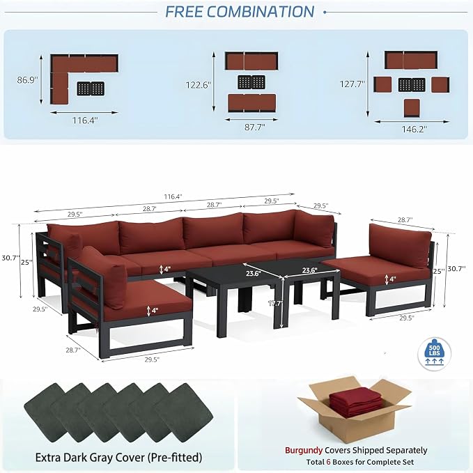 NICESOUL 8 Piece Oversized Modern Aluminum Patio Furniture Set, All Weather Rust Proof Modular Sectional Sofa with Side Table, 500 lbs Heavy Duty Comfortable Outdoor Couch for Backyard Deck, Burgundy