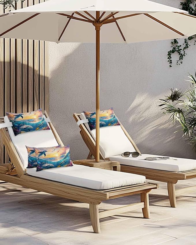 Pack of 2 Outdoor Lumbar Cushions with Inserts, Summer Ocean Dolphin Fish Animal Photography Waterproof Fluffy Fade Body Pillows, Patio Furniture Pillow for Home Balcony Garden Decor 12x20IN