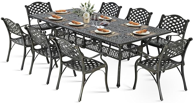 VIVIJASON 9-Piece Outdoor Dining Set for 8, All Weather Cast Aluminum Retro Patio Furniture Table and Chairs Set, Include 94.5" Rectangular Table and 8 Chairs with Umbrella Hole, Dark Bronze